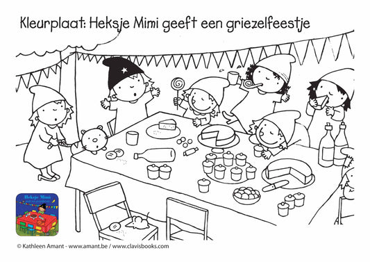Kleurplaat: Heksje Mimi geeft een griezelfeestje
