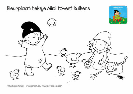 Kleurplaat: Heksje Mimi tovert kuikens