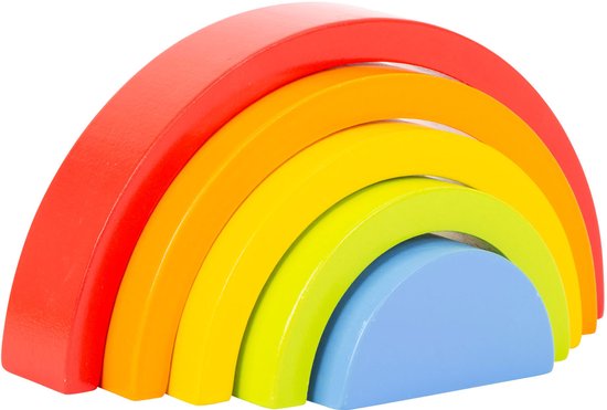 Houten regenboog bouwblokken van small foot: vijf bogen in rood, oranje, geel, groen en blauw in elkaar gestapeld