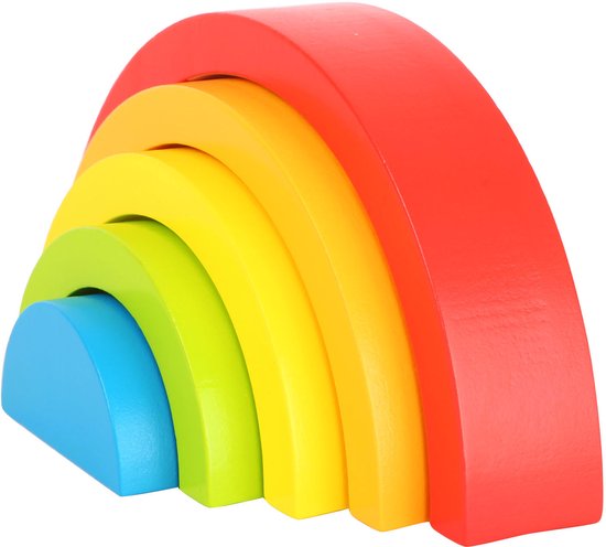 Zijaanzicht van de 5-delige houten regenboog, de bogen van groot naar klein in elkaar geschoven